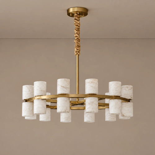 Alabaster Collection | Cylinder Chandelier with Brass Frame and Warm Glow | Adjustable Size Lighting Fixture for Ambient Living Spaces 0