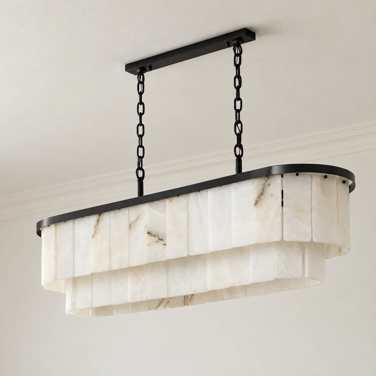 Alabaster Collection | Linear Chandelier with Black Metal Frame | Two-Tier Alabaster Panels for Elegant Ambient Lighting 0