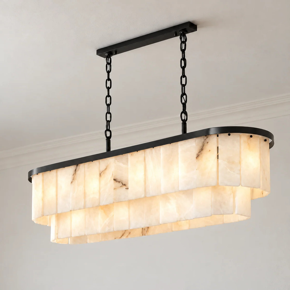 Alabaster Collection | Linear Chandelier with Black Metal Frame | Two-Tier Alabaster Panels for Elegant Ambient Lighting 1