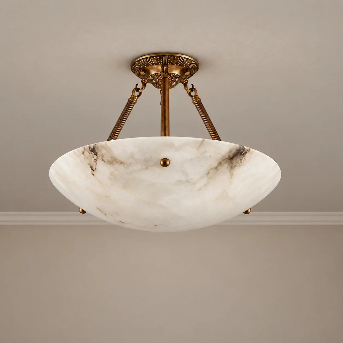 Alabaster Collection | Semi-Flush Ceiling Light with Patterned Rose Brass Canopy | Hand-Carved Stone Fixture for Ambient Lighting 0