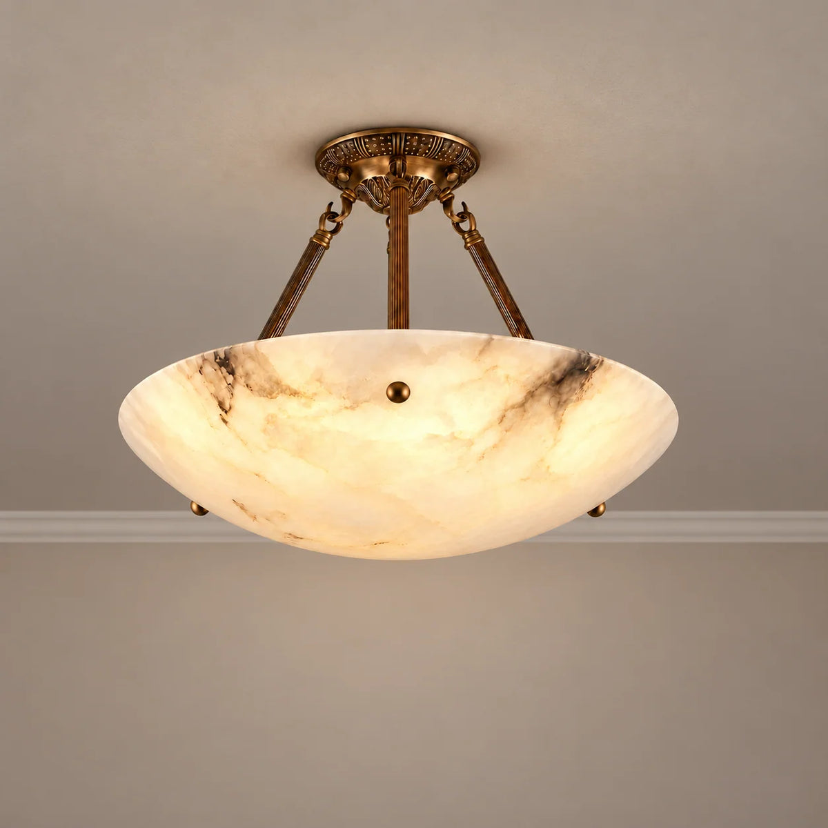 Alabaster Collection | Semi-Flush Ceiling Light with Patterned Rose Brass Canopy | Hand-Carved Stone Fixture for Ambient Lighting 1