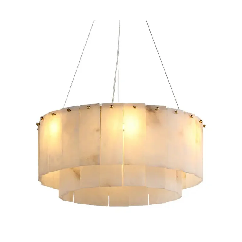Alabaster Drum Chandelier with Hand-Cut Stone Panels | Adjustable Suspension for Ambient Warm Lighting 0