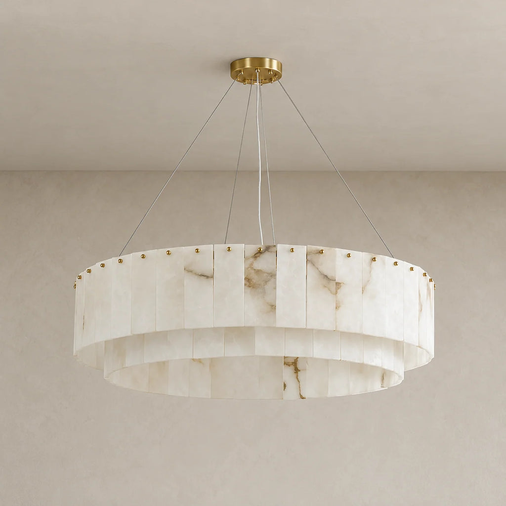Alabaster Drum Chandelier with Hand-Cut Stone Panels | Adjustable Suspension for Ambient Warm Lighting 1