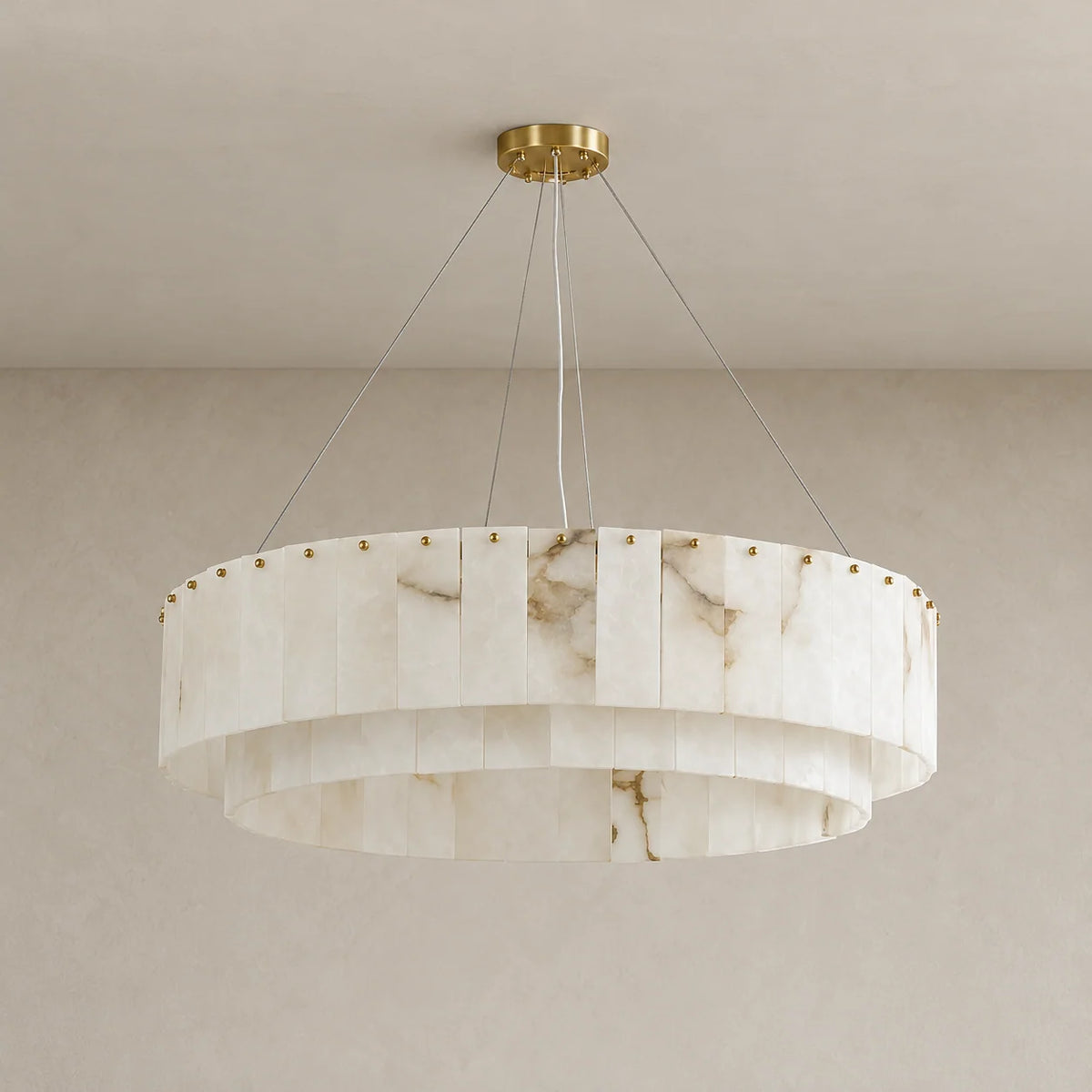 Alabaster Drum Chandelier with Hand-Cut Stone Panels | Adjustable Suspension for Ambient Warm Lighting 1