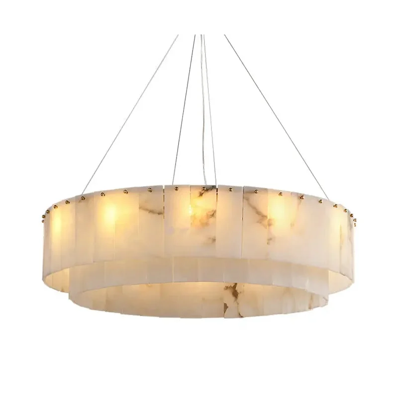 Alabaster Drum Chandelier with Hand-Cut Stone Panels | Adjustable Suspension for Ambient Warm Lighting 7