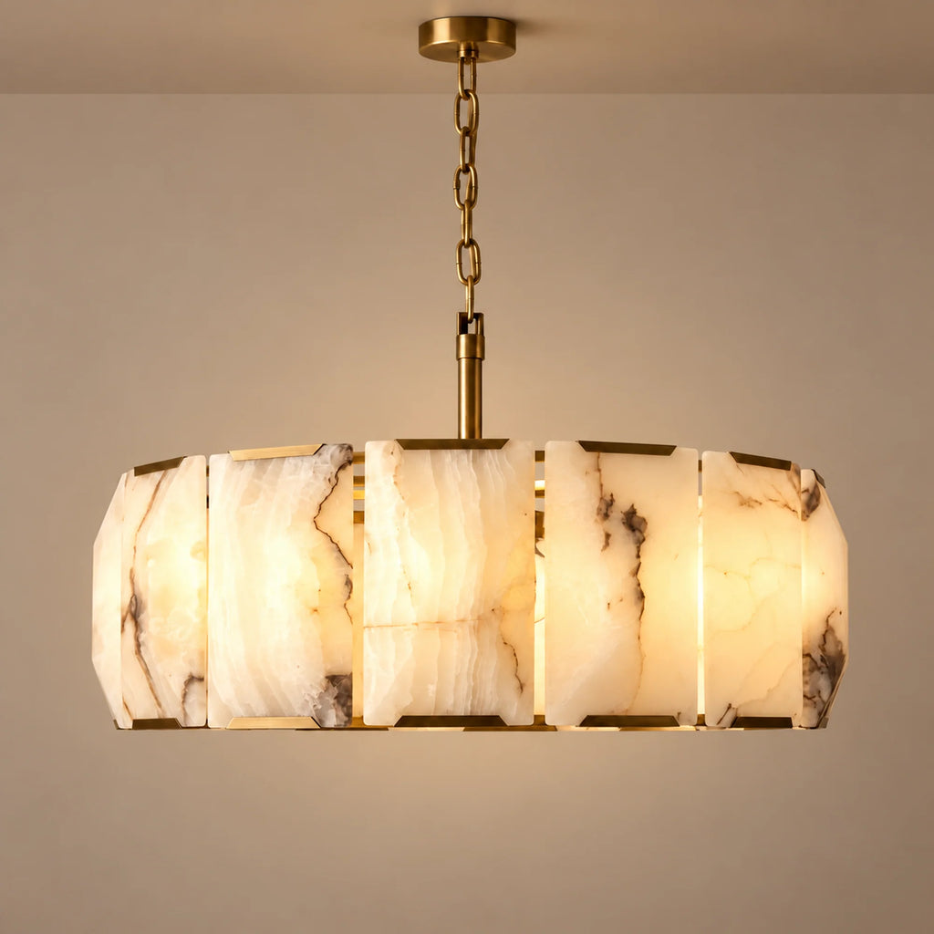 Alabaster Halo Collection | Round Alabaster Chandelier with Solid Brass Frame | Ambient Lighting Fixture for Dining and Living Spaces 1