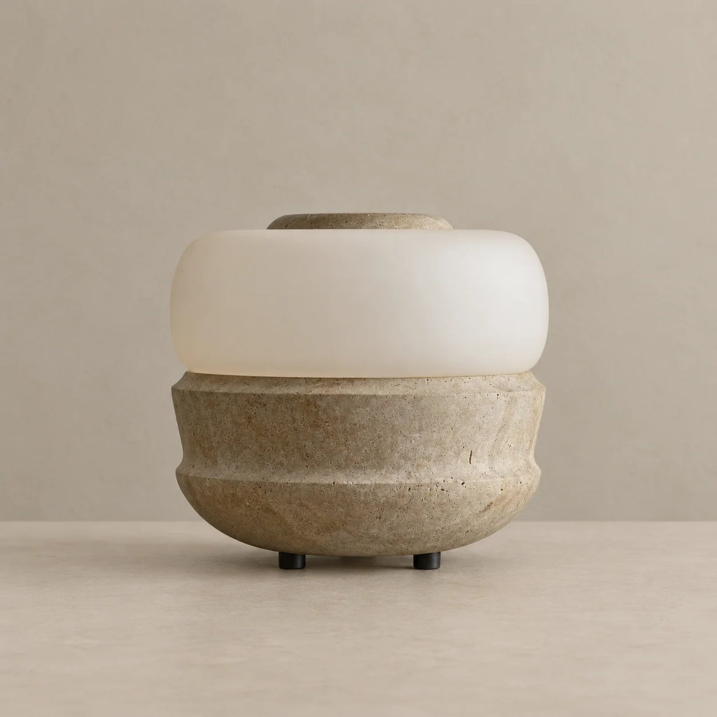 CLHARF Collection | Table Lamp with Frosted Glass Dome | Elegant Marble and Travertine Design for Cozy Ambient Lighting 0