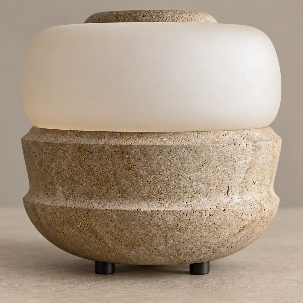 CLHARF Collection | Table Lamp with Frosted Glass Dome | Elegant Marble and Travertine Design for Cozy Ambient Lighting 2