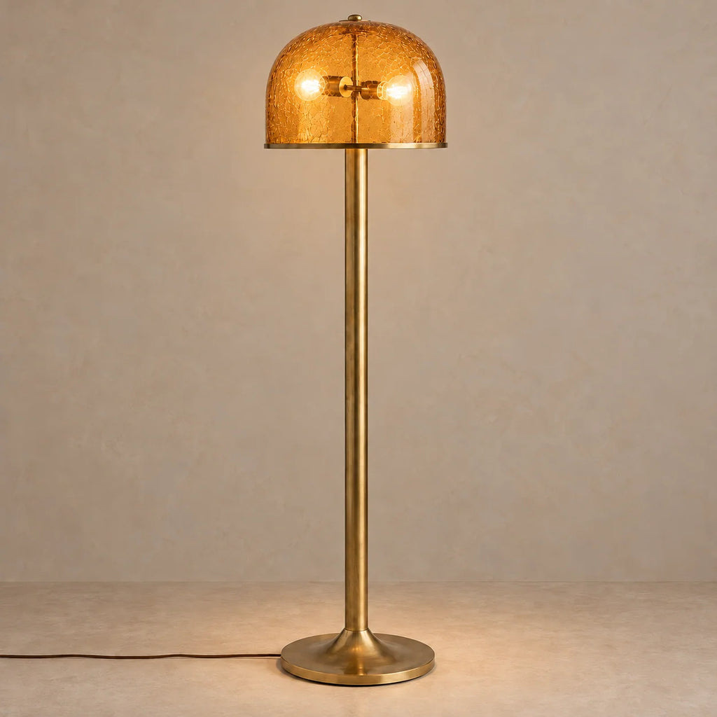 Crackle Collection | Modern Floor Lamp with Amber Glass Dome & Aged Brass Base | Stylish Ambient Lighting for Living Room 1