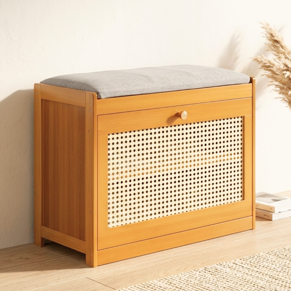 Elegant Bamboo Shoe Storage Bench with Cushioned Seating | Stylish Entryway Solution for Organized Living 12