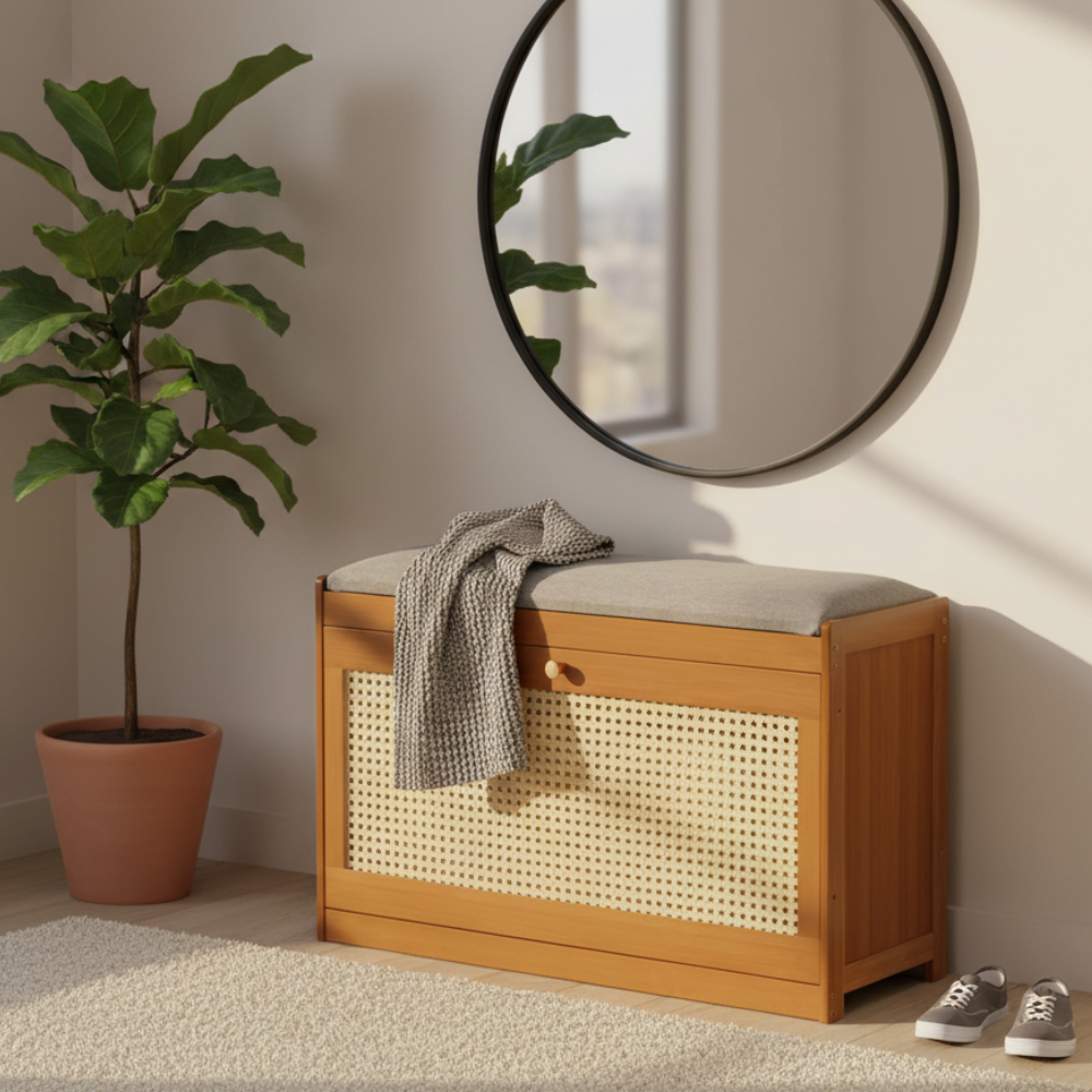 Elegant Bamboo Shoe Storage Bench with Cushioned Seating | Stylish Entryway Solution for Organized Living 4