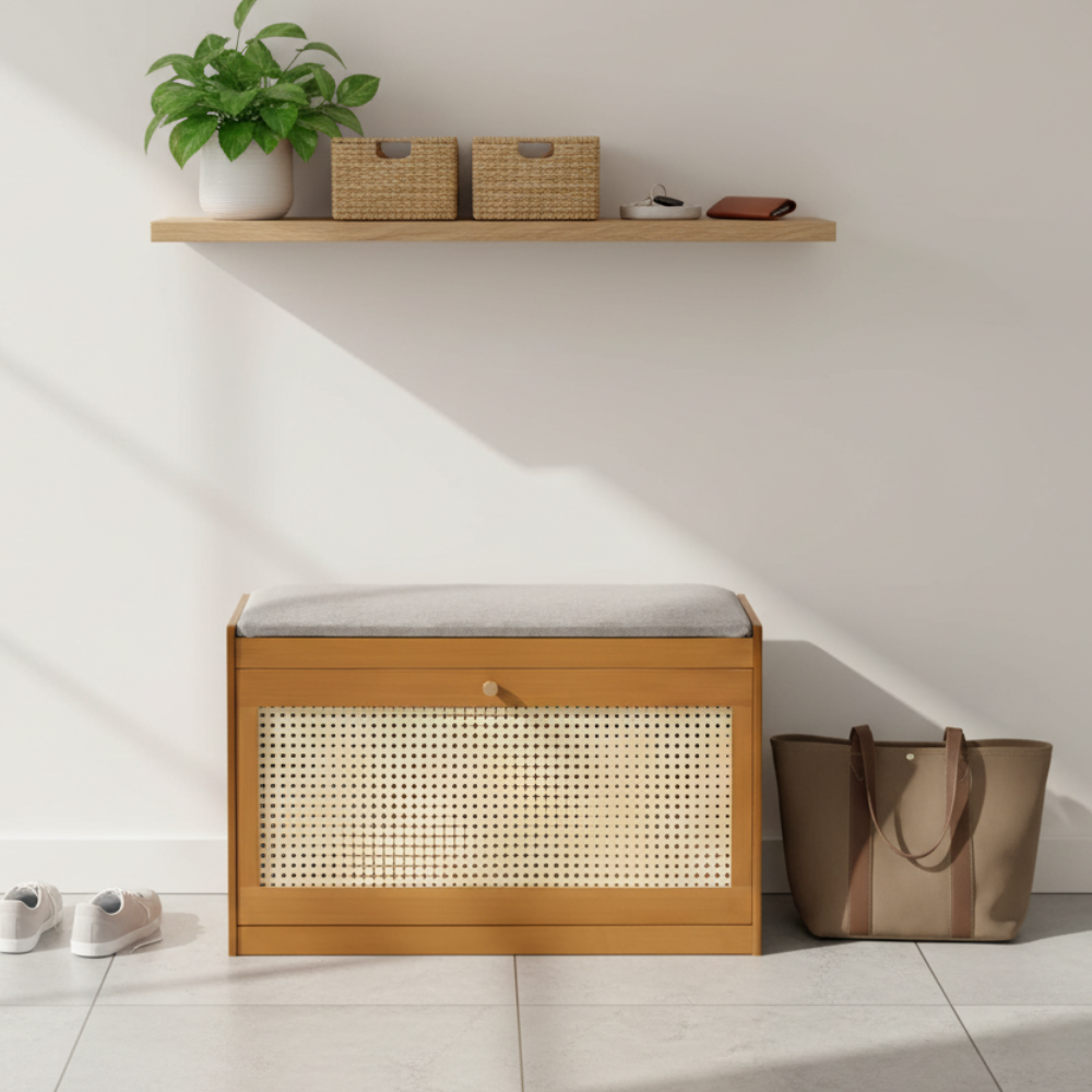 Elegant Bamboo Shoe Storage Bench with Cushioned Seating | Stylish Entryway Solution for Organized Living 5