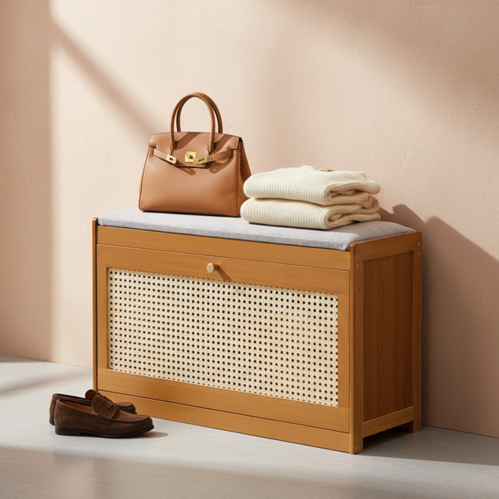 Elegant Bamboo Shoe Storage Bench with Cushioned Seating | Stylish Entryway Solution for Organized Living 6