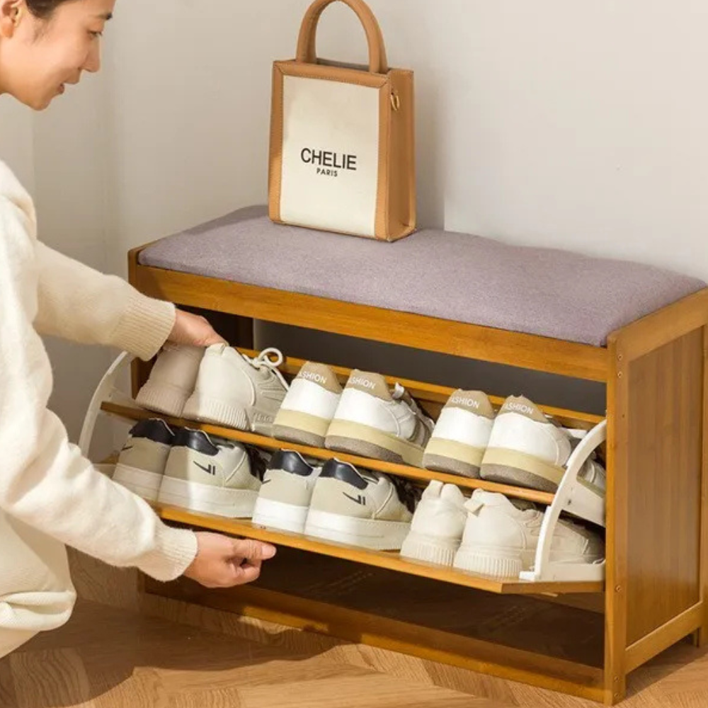 Elegant Bamboo Shoe Storage Bench with Cushioned Seating | Stylish Entryway Solution for Organized Living 8