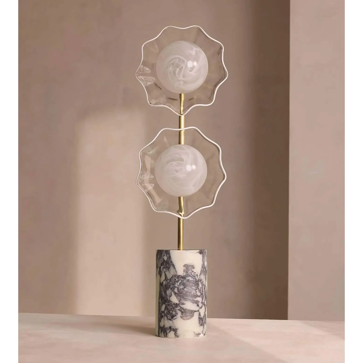 Elegant Brass Floor Lamp with Marble Base & Dual Glass Diffusers for Stylish Ambient Lighting 0