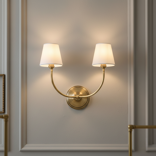 Elegant Double Wall Sconce Lighting with Brass Arms & Fabric Shades | Modern Wall Lights for Inviting Ambient Glow 0