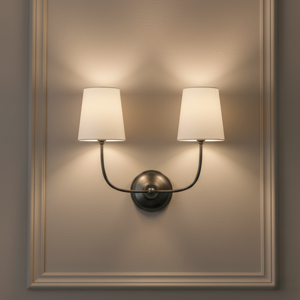 Elegant Double Wall Sconce Lighting with Brass Arms & Fabric Shades | Modern Wall Lights for Inviting Ambient Glow 1