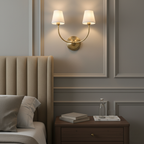Elegant Double Wall Sconce Lighting with Brass Arms & Fabric Shades | Modern Wall Lights for Inviting Ambient Glow 3