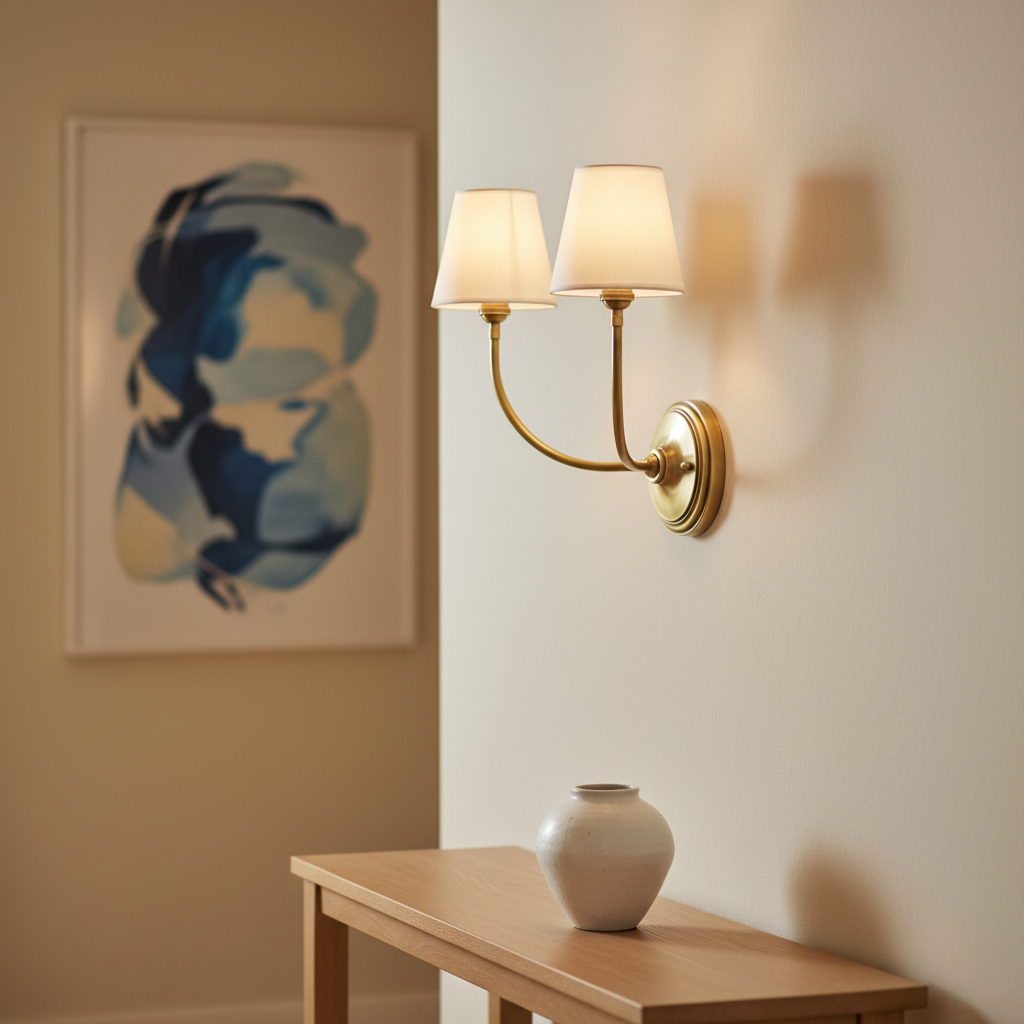 Elegant Double Wall Sconce Lighting with Brass Arms & Fabric Shades | Modern Wall Lights for Inviting Ambient Glow 4