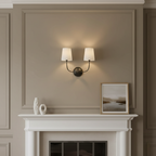 Elegant Double Wall Sconce Lighting with Brass Arms & Fabric Shades | Modern Wall Lights for Inviting Ambient Glow 6