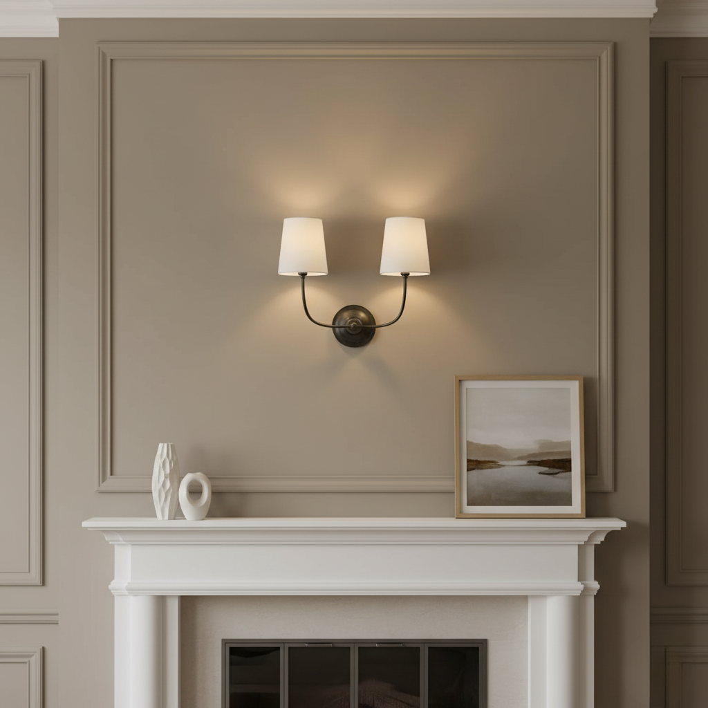 Elegant Double Wall Sconce Lighting with Brass Arms & Fabric Shades | Modern Wall Lights for Inviting Ambient Glow 6