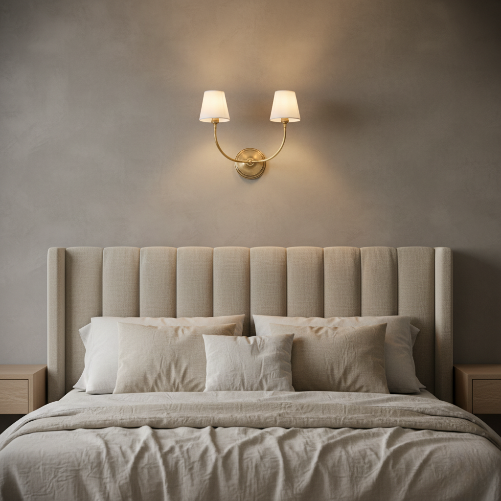Elegant Double Wall Sconce Lighting with Brass Arms & Fabric Shades | Modern Wall Lights for Inviting Ambient Glow 8