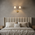 Elegant Double Wall Sconce Lighting with Brass Arms & Fabric Shades | Modern Wall Lights for Inviting Ambient Glow 8