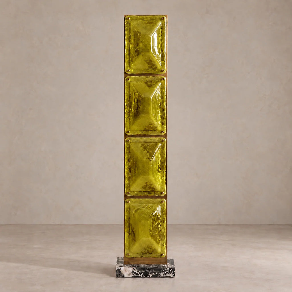 Elegant Glass Floor Lamp | Modern Brass Standing Lamp with Ambient Olive Green Blocks | Stylish Lighting for Living Rooms 0