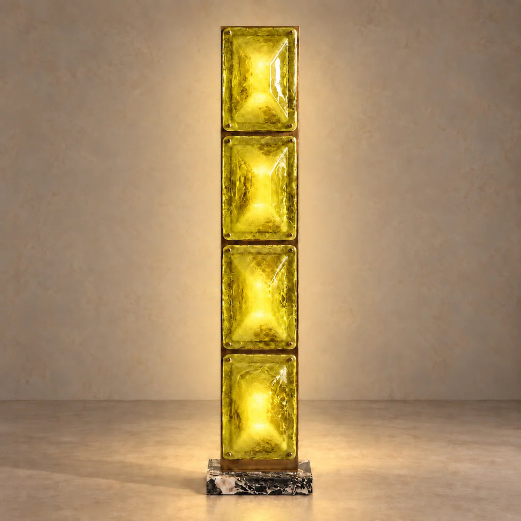 Elegant Glass Floor Lamp | Modern Brass Standing Lamp with Ambient Olive Green Blocks | Stylish Lighting for Living Rooms 1