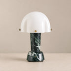 Elegant Green Marble Table Lamp with Glass Dome & Brass Accents | Stylish Bedside Lighting for Ambient Decor 0