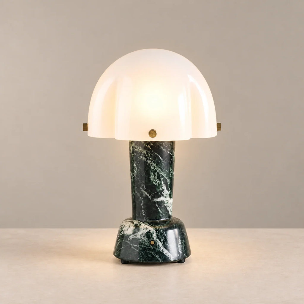 Elegant Green Marble Table Lamp with Glass Dome & Brass Accents | Stylish Bedside Lighting for Ambient Decor 1