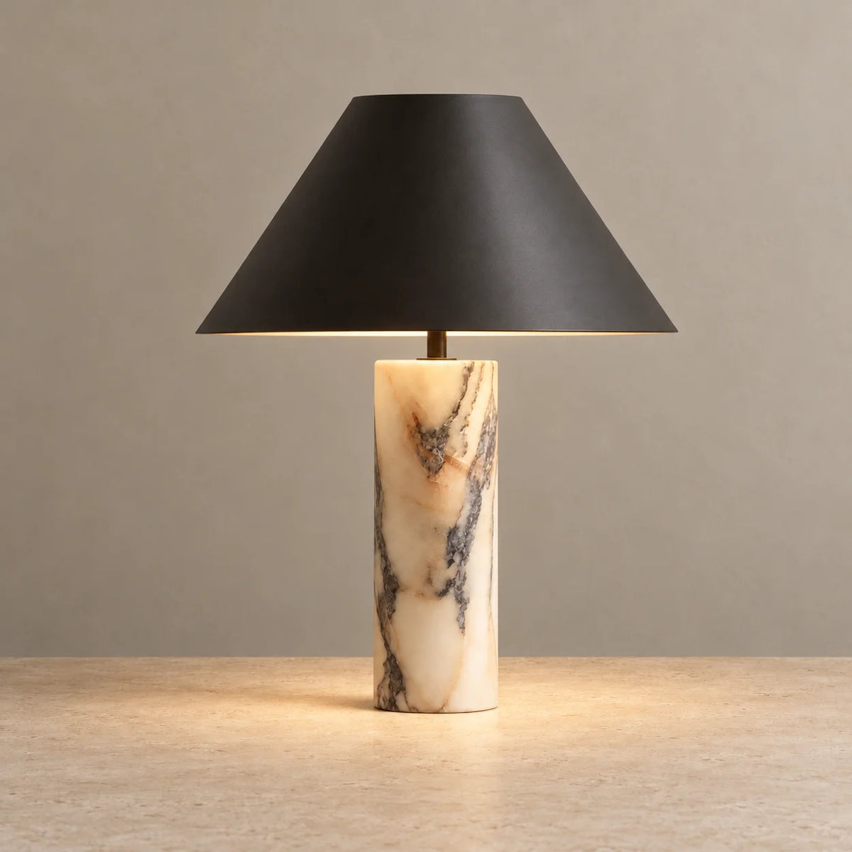 Elegant Marble Column Table Lamp with Blackened Steel Cone Shade | Adjustable Warm White Light for Focused Illumination 1