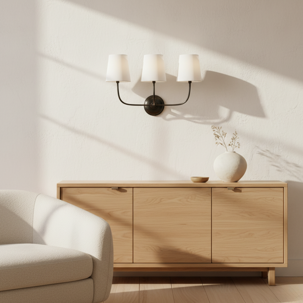 Elegant Mid-Century Wall Sconce Lighting with Three Fabric Shades for Ambient Illumination 8