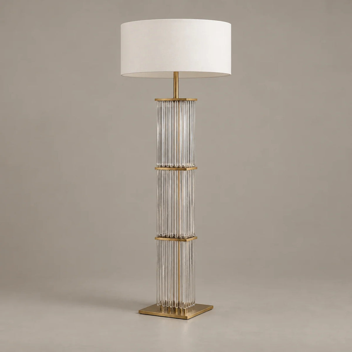 Elegant Modern Floor Lamp with Brass Base & Fabric Shade | Stylish Lighting Solution for Warm Ambient Glow 0