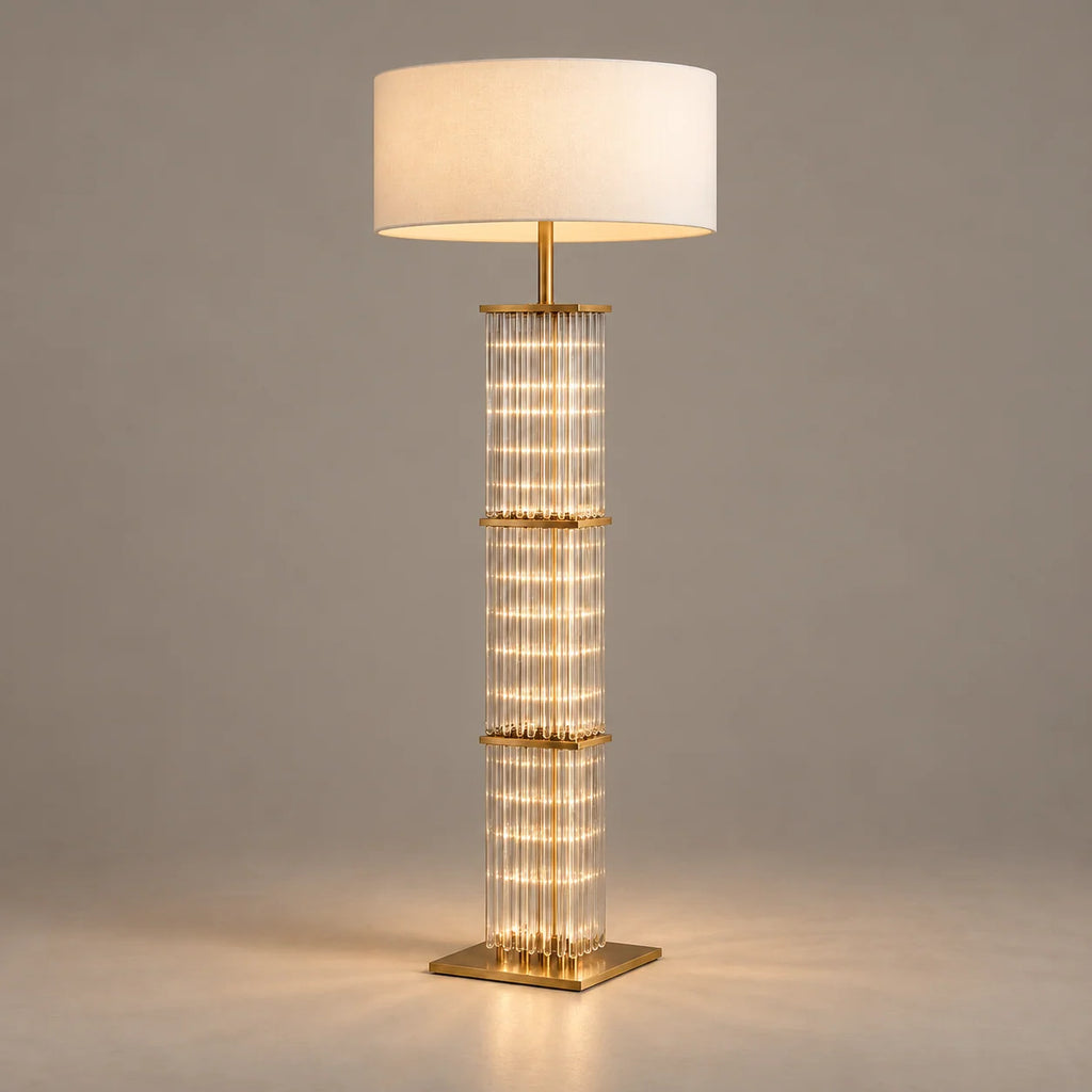 Elegant Modern Floor Lamp with Brass Base & Fabric Shade | Stylish Lighting Solution for Warm Ambient Glow 1