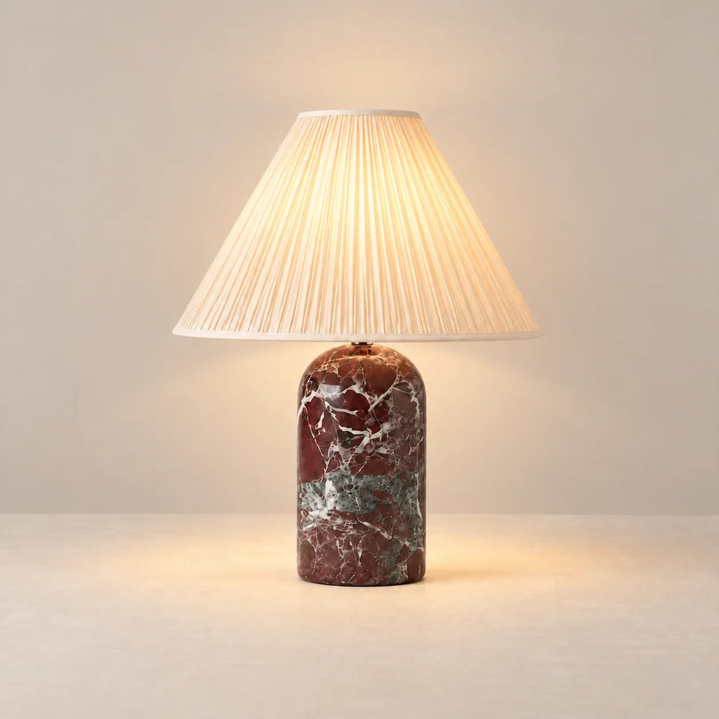 Elegant Red Marble Table Lamp with Pleated Linen Shade | Soft Ambient Lighting for Living Room and Bedroom 1