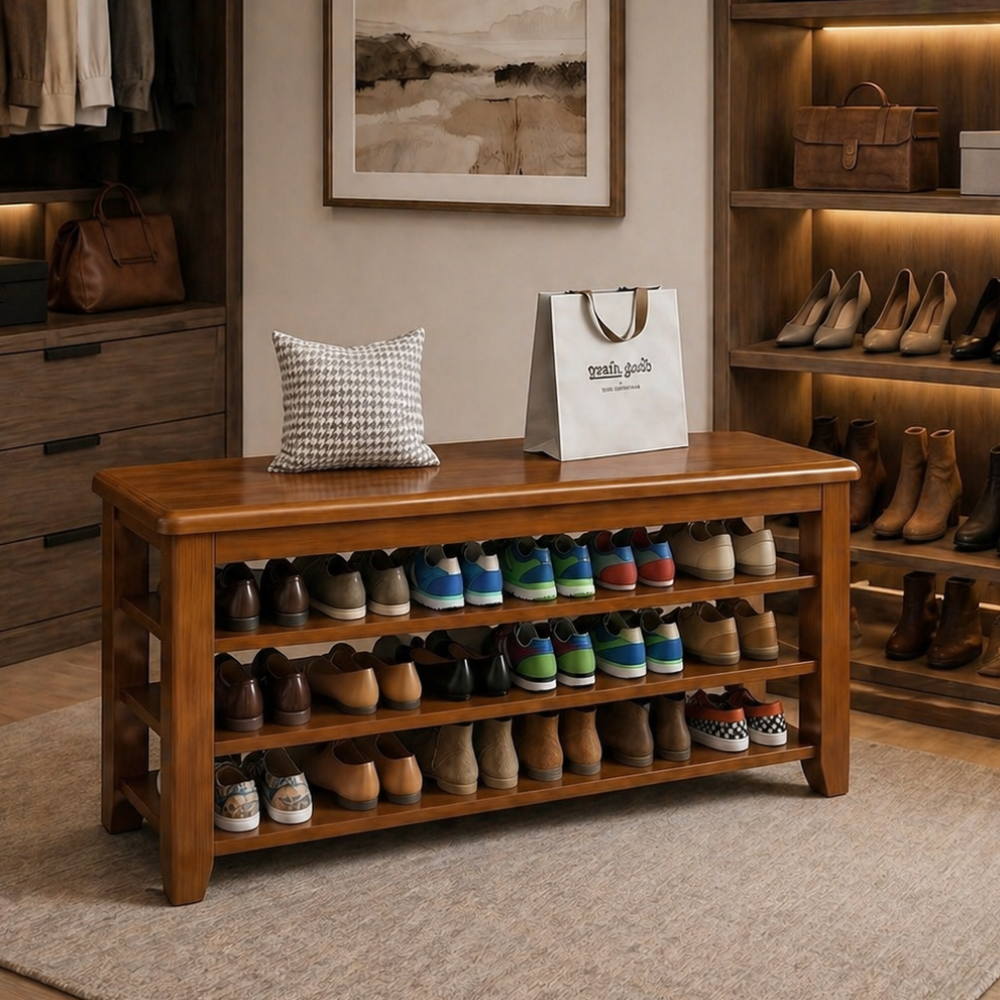 Elegant Solid Wood Shoe Bench with 3 Tiers & Widened Seat | Stylish Entryway Storage Solution for Organized Living 7