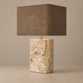 Elegant Table Lamp with Travertine Base and Brass Accents | Fabric Shade for Warm Ambient Lighting 0