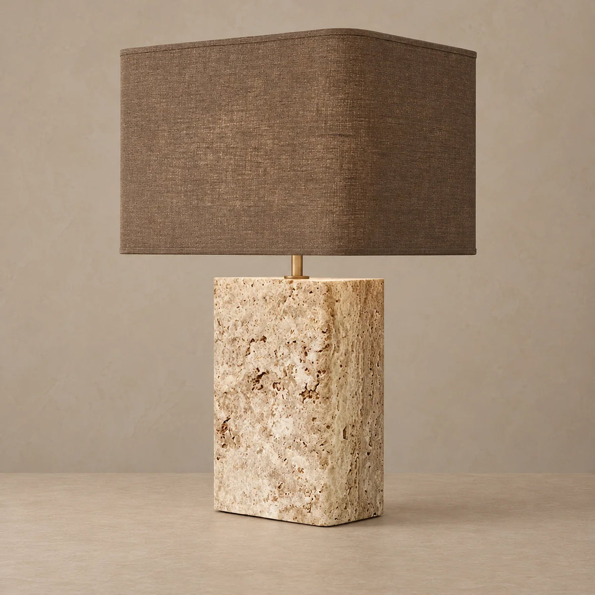 Elegant Table Lamp with Travertine Base and Brass Accents | Fabric Shade for Warm Ambient Lighting 0