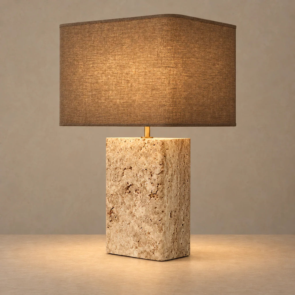 Elegant Table Lamp with Travertine Base and Brass Accents | Fabric Shade for Warm Ambient Lighting 1