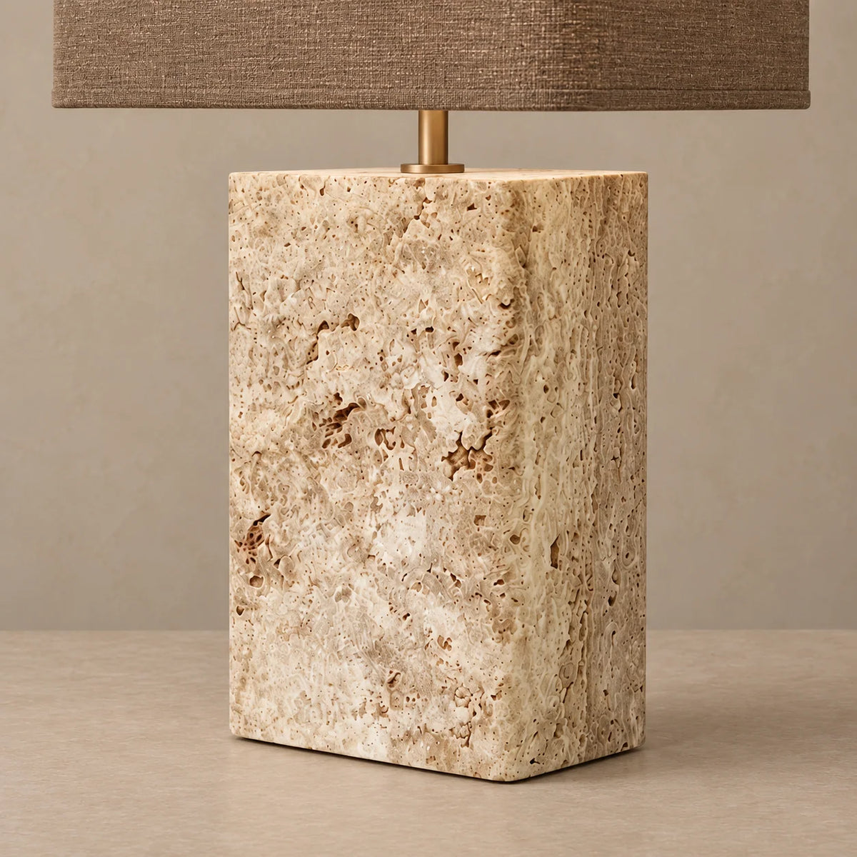 Elegant Table Lamp with Travertine Base and Brass Accents | Fabric Shade for Warm Ambient Lighting 2