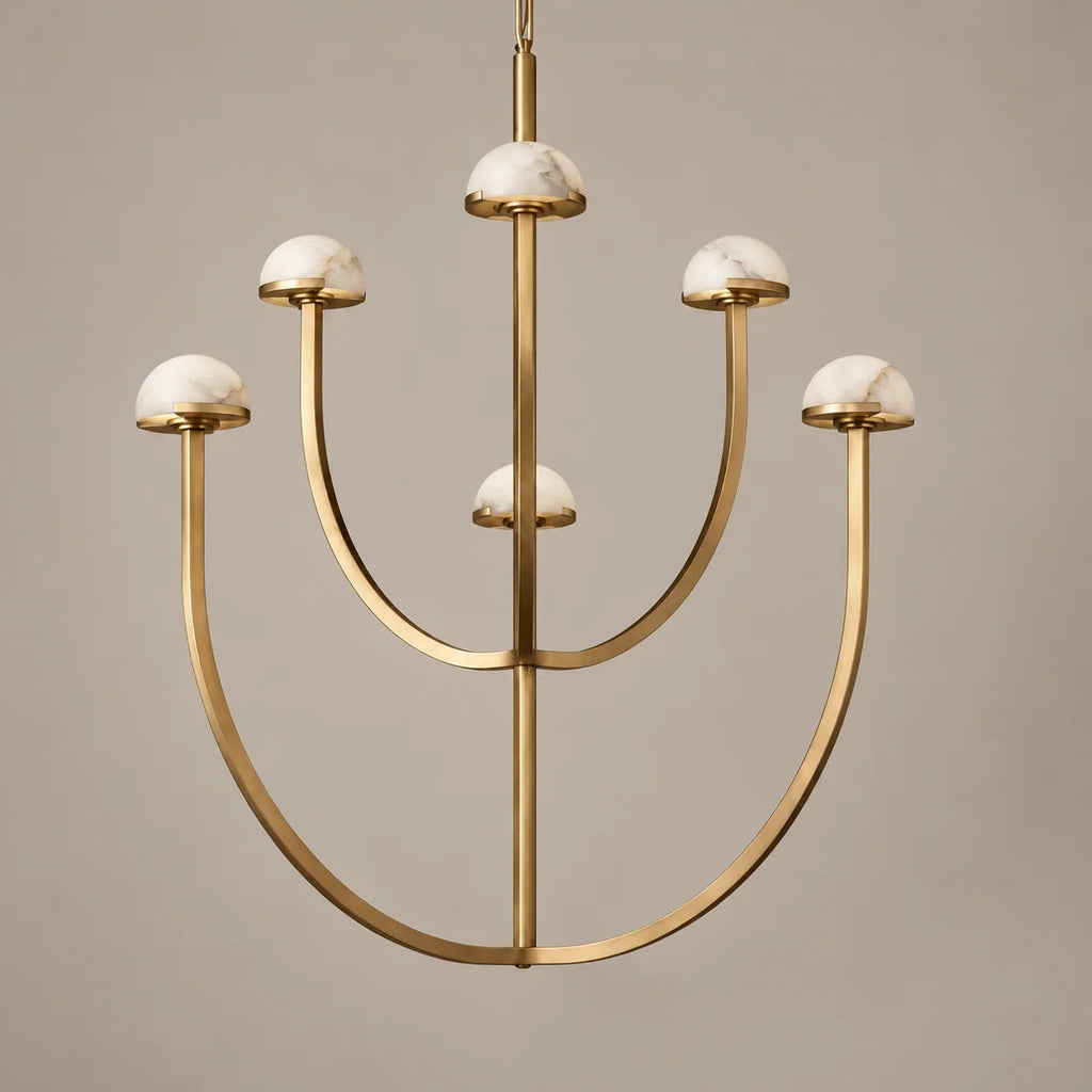 Elegant Tiered Chandelier Light with Hand-Carved Alabaster Domes | Modern Design for Dining Room Ambiance 3