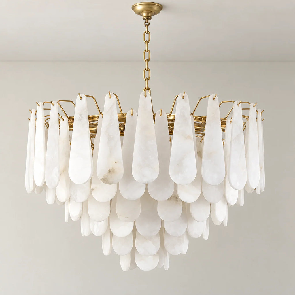 Goccia Collection | Alabaster Teardrop Chandelier with Solid Brass Frame | Tiered Lighting Fixture for Elegant Ambiance 0