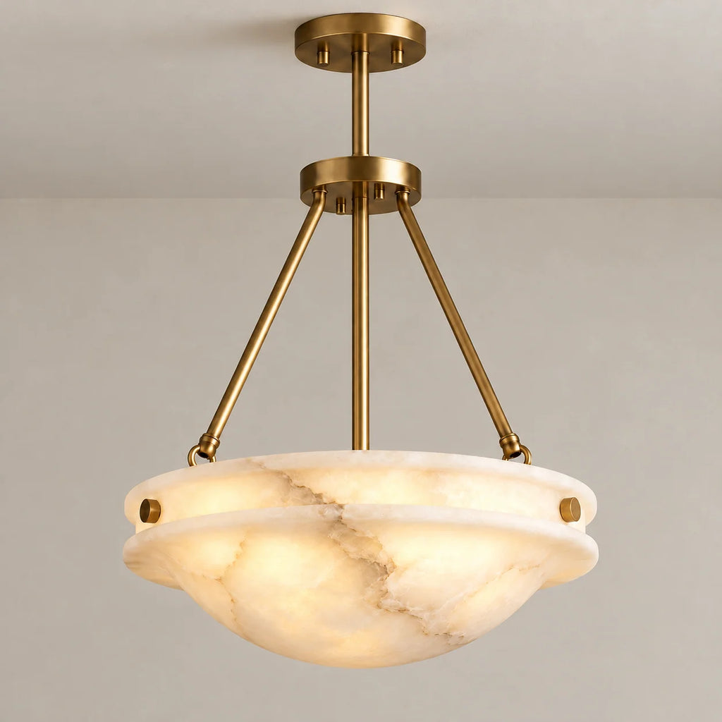 Grande Alba Collection | Semi-Flush Ceiling Light with Alabaster Shade & Antique Brass | Soft Ambient Lighting for Living Spaces 1