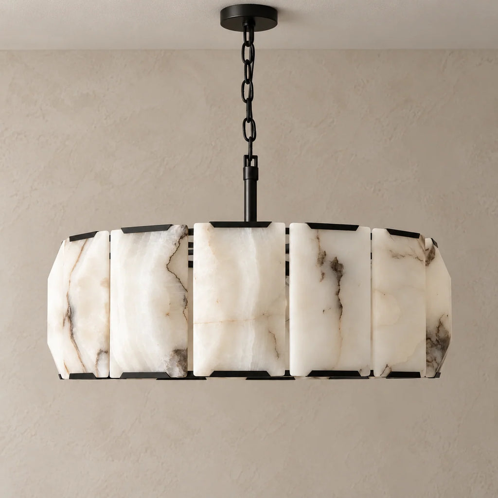 Halo Collection | Round Alabaster Chandelier with Black Stainless Steel Frame | Architectural Lighting for Elegant Ambiance 0