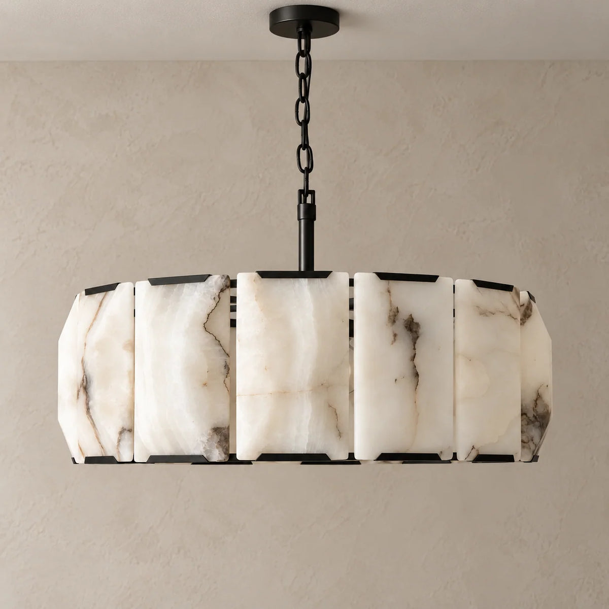 Halo Collection | Round Alabaster Chandelier with Black Stainless Steel Frame | Architectural Lighting for Elegant Ambiance 0