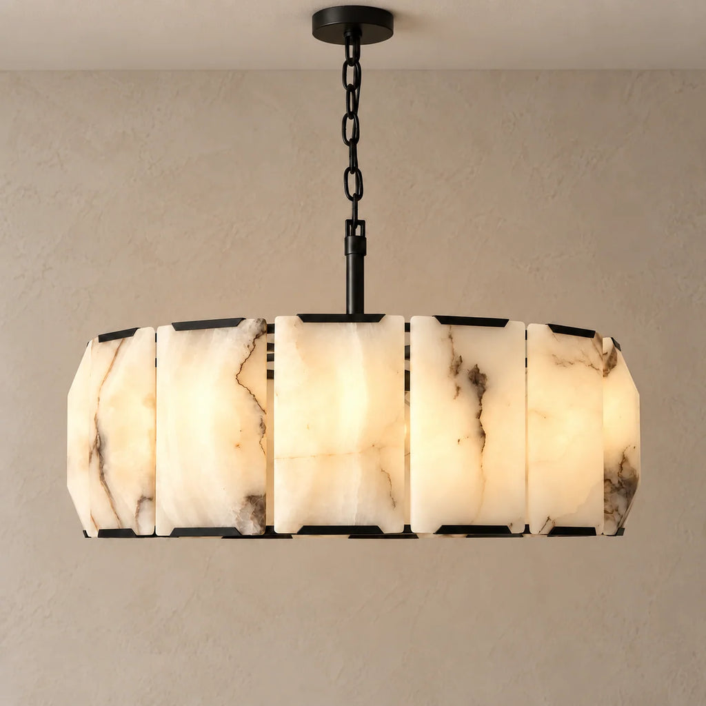 Halo Collection | Round Alabaster Chandelier with Black Stainless Steel Frame | Architectural Lighting for Elegant Ambiance 1