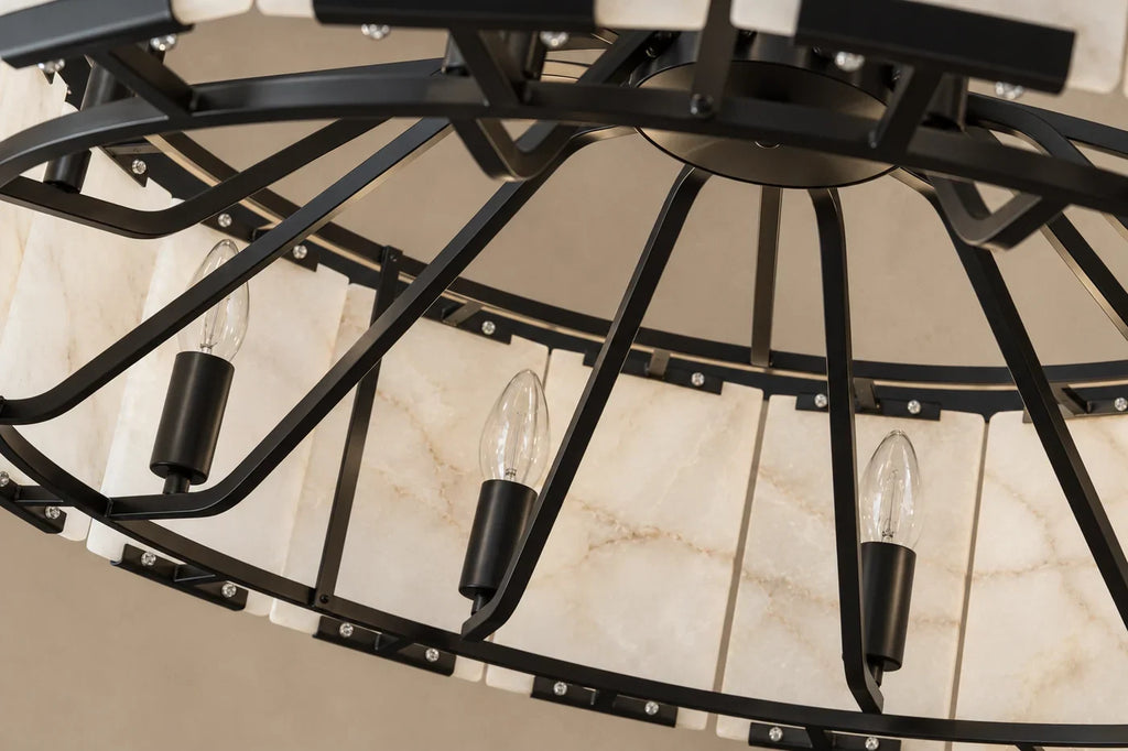 Halo Collection | Round Alabaster Chandelier with Black Stainless Steel Frame | Architectural Lighting for Elegant Ambiance 3