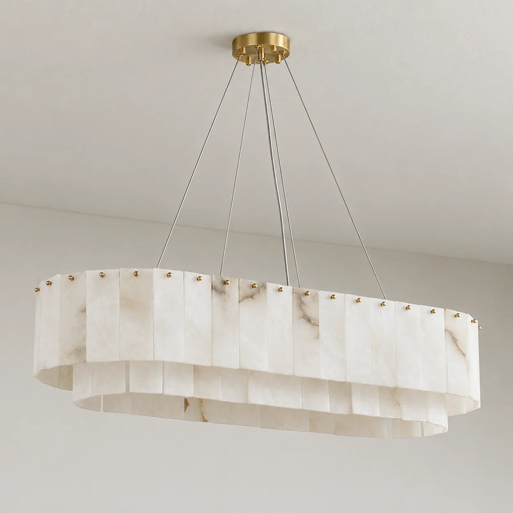 Joan Collection | Oval Tiered Alabaster Chandelier with Solid Brass Canopy | Warm Ambient Lighting for Dining and Kitchen Islands 1
