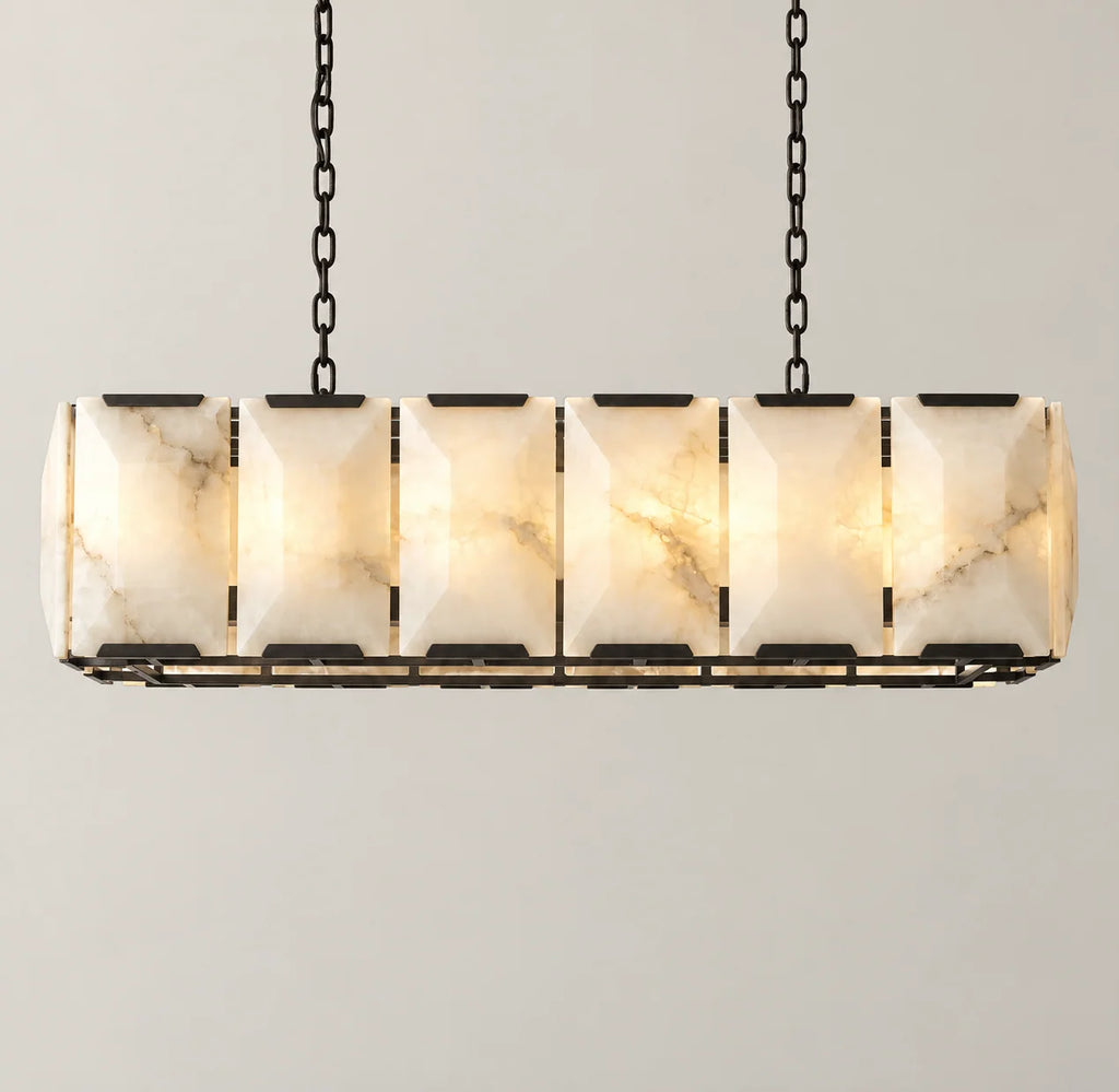 Linear Collection | Alabaster Chandelier with Hand-Cut Spanish Alabaster Panels | Rectangular Frame Lighting for Kitchen Island and Dining Table 0